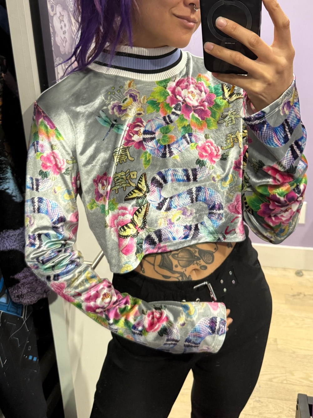 Jaded London Silver Velvet Mock Neck with Snake and Flowers Print